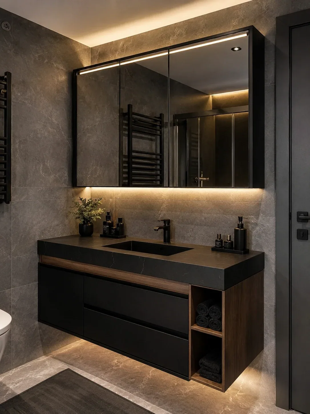 Banyo Dolapları — Neme dayanıklı gövde ve lavabo ölçüsüne göre üretilen banyo mobilyası.
